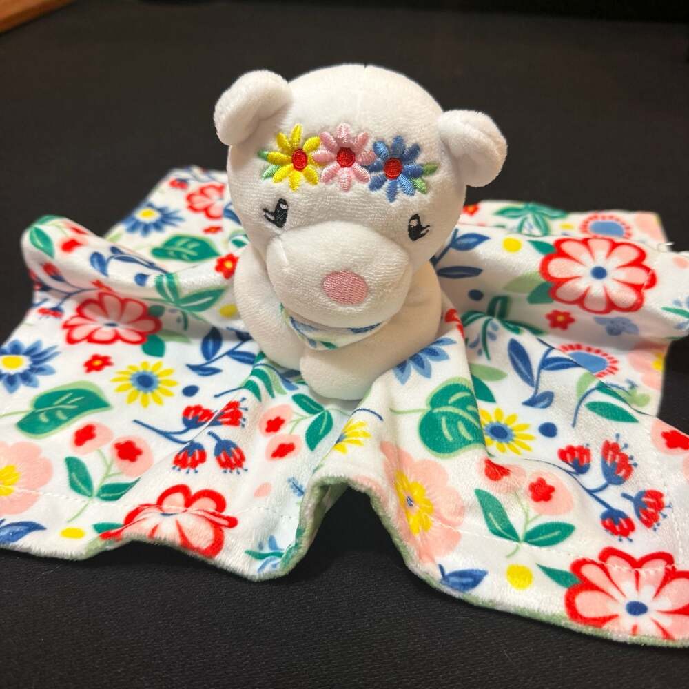Baby Essentials White Bear Plush Security Blanket with Floral Print